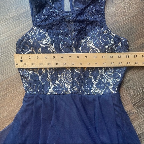 SPEECHLESS FIT & FLARE FORMAL DRESS HIGH LOW CASCADING HEM SZ 3 NAVY - Picture 10 of 10